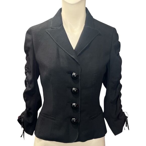 Moschino Blazer Jacket 8 Black Wool Gabardine Ruched Sleeves (Runs Small) - Picture 1 of 4